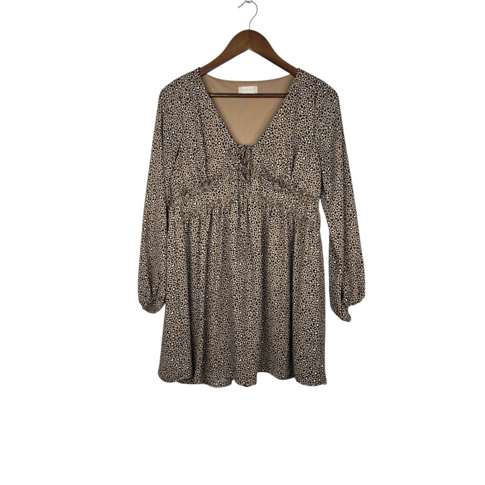 Altar'd State Mini Dress Womens M Brown Polyester Leopard Babydoll Boho Chic